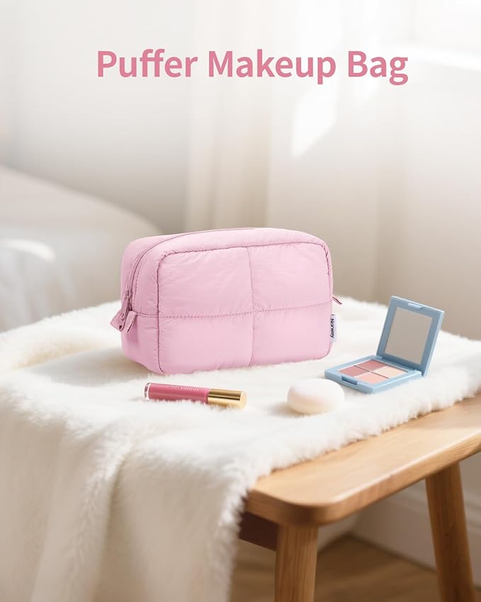 Narwey Pink Makeup Bag for Travel Women Girl, Quilted Cosmetic Bag Make up Organizer Bags with Compartments, Puffy Travel Toiletry Bag Toiletries (Pink)