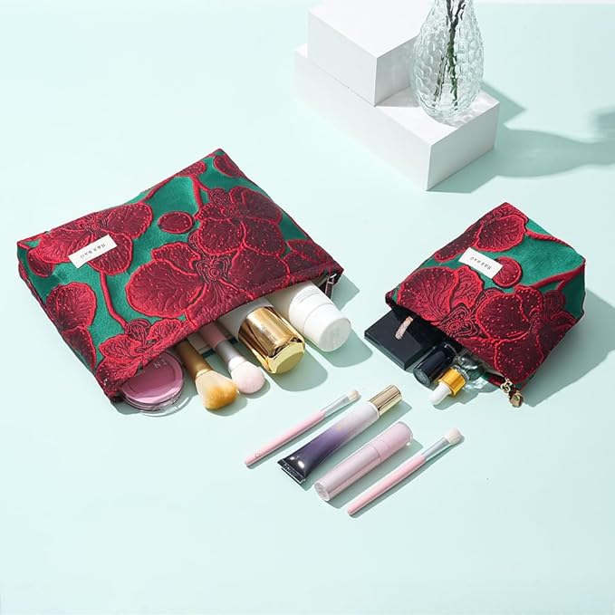 2 Pcs Makeup Bags for Purse, Large Cute Cosmetic Bag Travel Toiletry Bag Organizer for Women, Embroidery Craft Floral Makeup Bag Small Cosmetic Pouch Purse with Zipper (Elegant Red Flower)