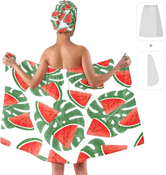 Watermelon Leaf Print Bath Wrap and Hair Drying Towel Set for Women – Microfiber Quick Dry Shower Body Wrap, Absorbent Spa Skirt with Elastic Band (Watermelon 3)