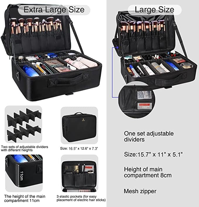 Relavel Extra Large Makeup Case, Professional Makeup Artist Bag Double Layer Compartment Cosmetic Travel Organizer Bag Makeup Brush Storage Holder with Adjustable Dividers and Shoulder Strap, Black