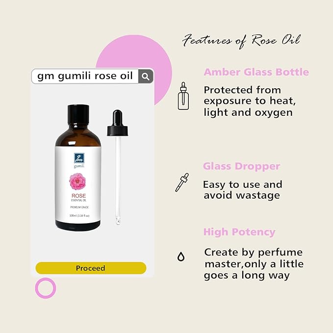 Rose Essential Oil for Face, Hair, Body, Skin, Aromatherapy, Essential Oils Diffuser, DIY Blends - 3.38 Oz