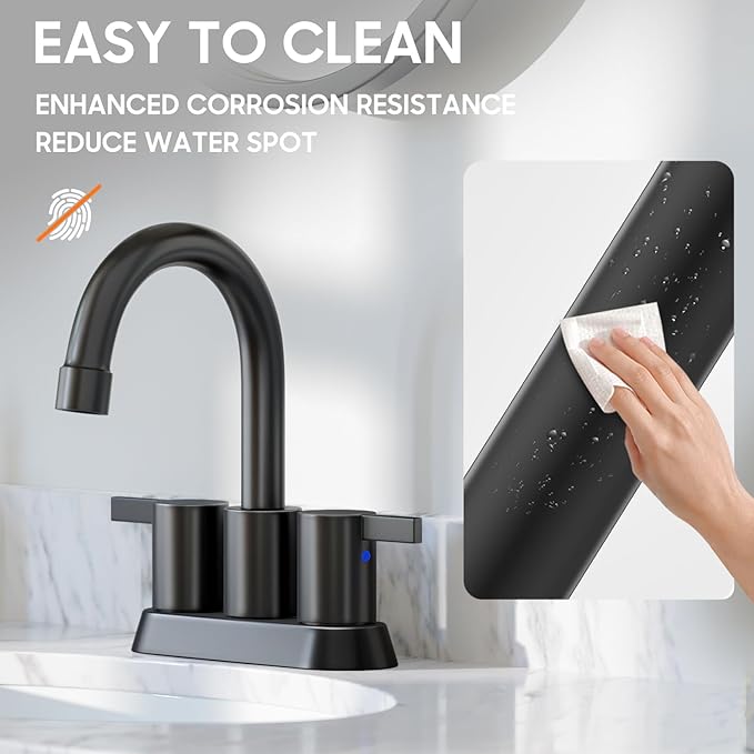 Phiestina 4 Inch 2 Handle Centerset Matte Black Lead-Free Modern Bathroom Faucet, 360 Swivel Spout 2-3 Hole RV Bathroom Vanity Sink Faucet with Pop Up Drain and Water Supply Lines,BF015-1-MB