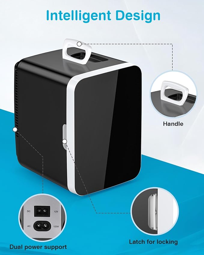 Compact Mini Fridge, Portable Small Refrigerator with AC/DC Adapters, 10 Liter / 2.6 Gal Small Cosmetics Cooler for Beverage, Food, Skincare, Bedroom, Office and Car, Black