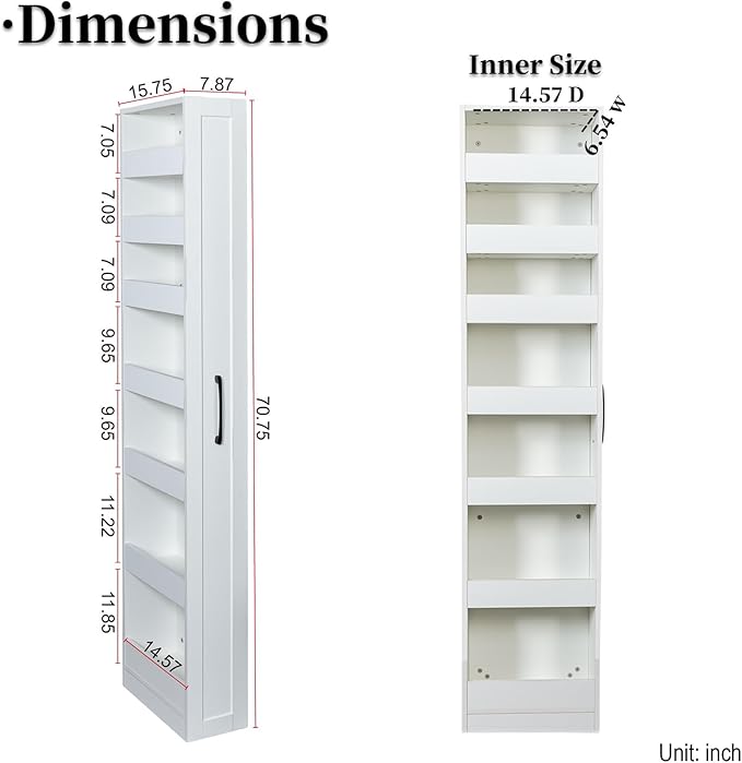 JOYSOURCE Tall Narrow Pull-Out Storage Shelf with Wheels 7-Tier Slim Rolling Storage Spice Rack Next to Fridge Utility Cart Single-Sided for Small Spaces, Kitchen, Laundry Room, White
