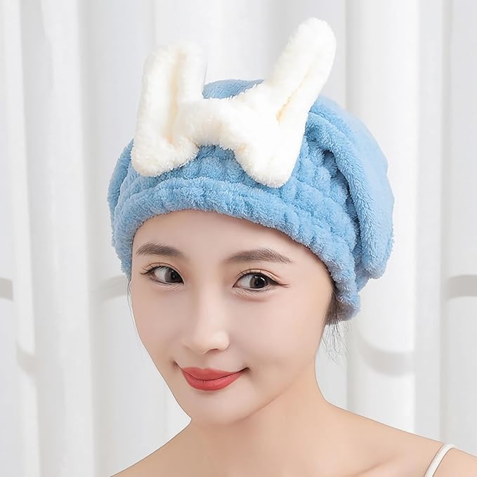 Ultra Absorbent Hair Quick Drying Towel for Women Girls New Microfiber Hair Towel Wrap Dry Turban Soft Bow Tie Plopping Head Towels Shower Cap for Kids (Blue)