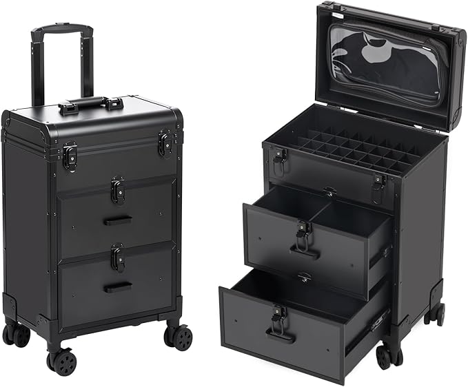 3 in 1 Rolling Makeup Case, Professional Cosmetology Case on Wheels with 2 Drawers, Ideal Gift for Hairstylist, Nail Techs, 3 Tiers Portable Beauty Organizer Case for Travel or Salon Use, Black