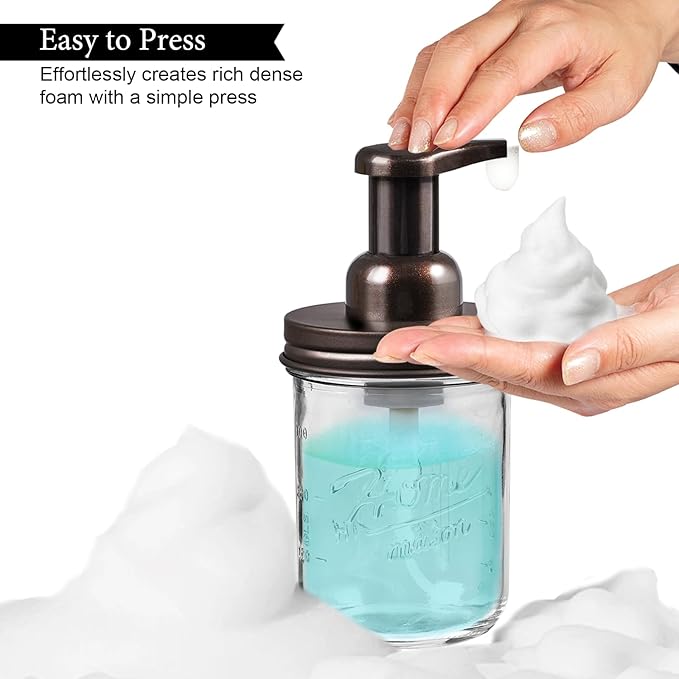 SheeChung Mason Jar Foaming Soap Dispenser, Glass Foaming Hand Soap Dispensers, Stainless Steel Lid, Refillable Foam Soap Dispenser for Bathroom Kitchen, Farmhouse Bathroom Decor (1 Pack, Bronze)