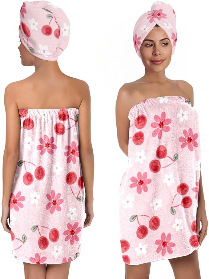 Cherry Blossom Bath Wrap with Hair Drying Towel – Soft Pink Microfiber Shower Skirt and Turban Set for Women, Quick Dry Absorbent Spa Wrap (Cherry 7)