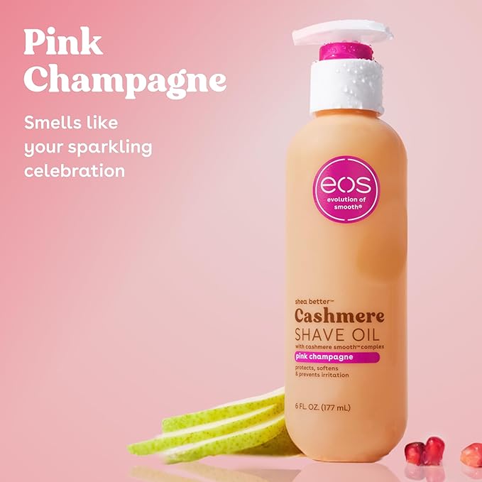 eos Cashmere Shave Oil – Pink Champagne, Moisturizing Shave Oil with Shea Butter & Glycerin, Helps Prevents Irritation & Razor Burn, Vegan, 6 fl oz