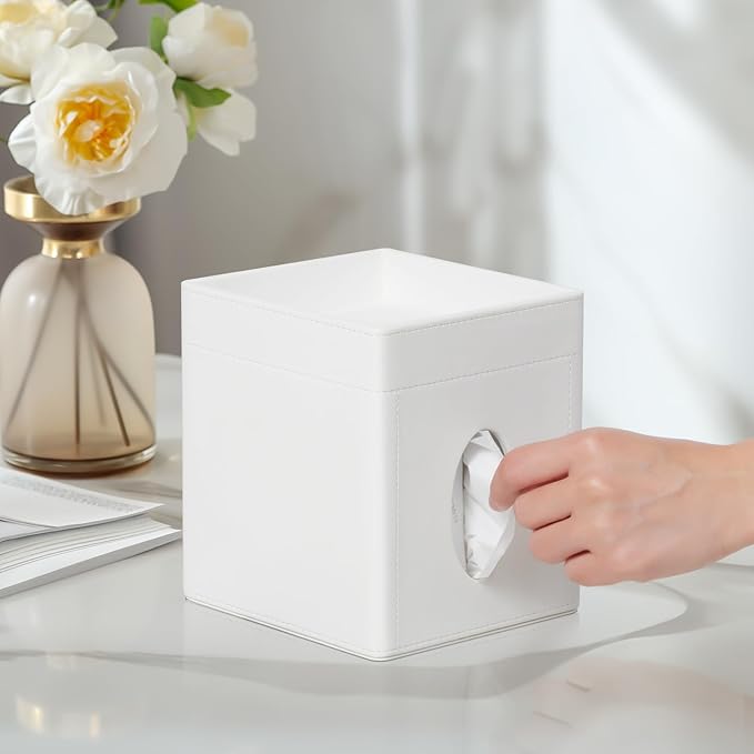 Tissue Box Cover, PU Leather Square Tissue Box Holder with Storage Tray for Bathroom Vanity Countertop Night Stands Bedroom Office Desk, Stylish Tissue Holder Decorative Organizer