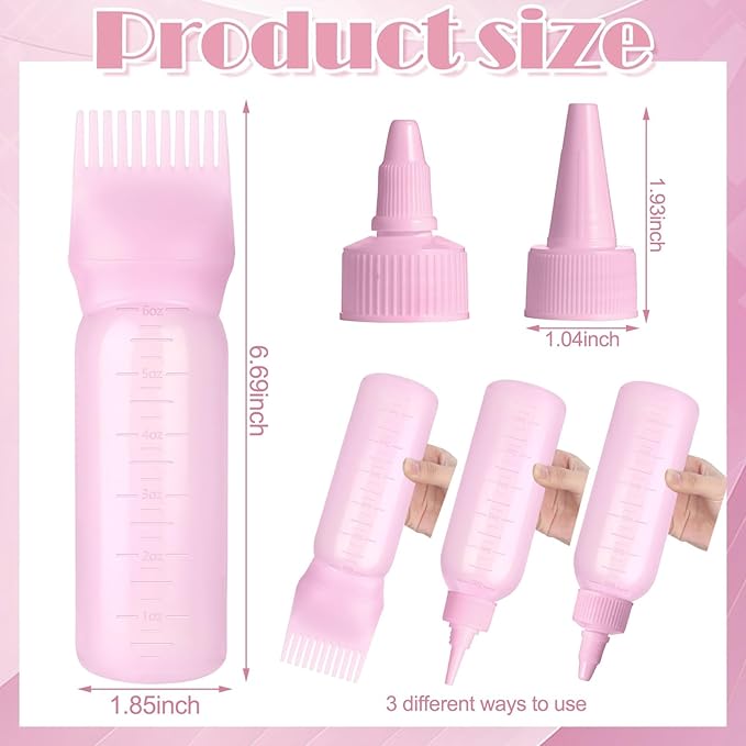 Root Comb Applicator Bottle Oil Applicator for Hair Dye Hair Oiling Bottle with 2 Type Caps and Graduated Scale, 6 Ounce (Pink)