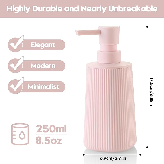Small Soap Dispenser for Bathroom and Kitchen, Modern Farmhouse Striped Style Plastic Hand Soap Dish Soap Dispenser with Pump Matte Pink for Girls