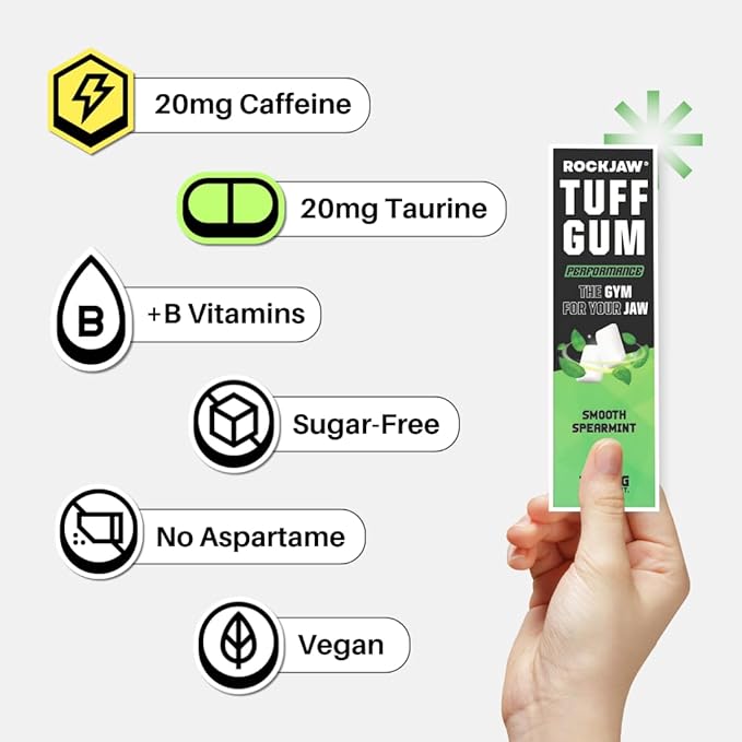 ROCKJAW® Hard Jawline Gum - Tuff Gum 2.0 with 20mg Caffeine, Taurine + B Vitamins - 10 Pack (Smooth Spearmint)