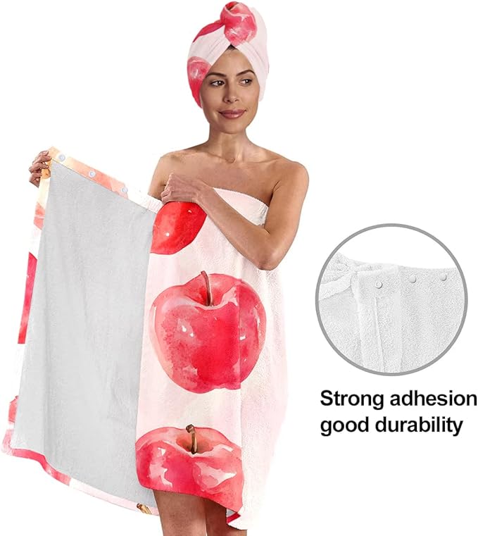 Women’s Watercolor Apple Bath Wrap and Hair Towel Set, Soft Absorbent Microfiber Shower Body Skirt with Elastic Closure, Quick-Dry Lightweight Spa Toweling for Home, Gym & Travel (Apple 2)