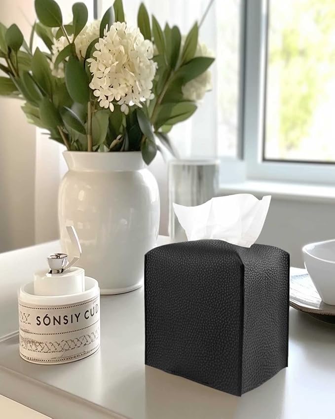 Leather Tissue Box Cover Square – Tissue Holder with Bottom Belt [JESMINI, Black] Aesthetic PU Leather Tissue Box Holder Decorative for Bathroom, Home Office Decor