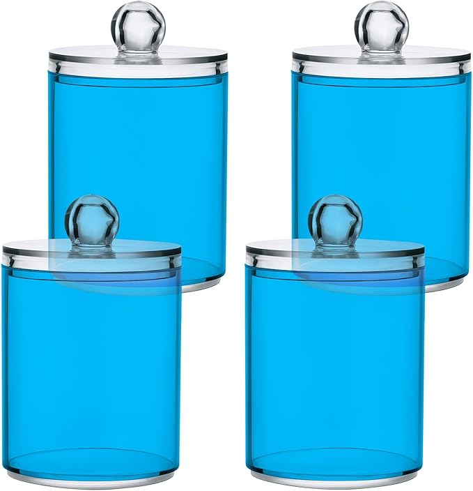 Sky Blue Qtip Holder Organizer Dispenser Cotton Swabs Cans Plastic Jars with Lid Set 2 Pack Bathroom Storage Canister for Cotton Ball Floss Cotton Pads