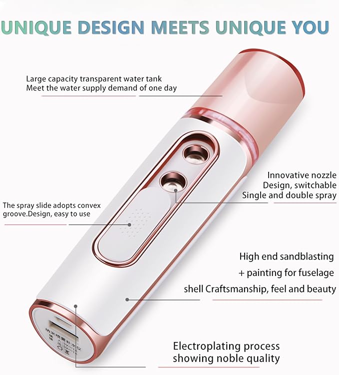 withthesun Nano Facial Mister, Cool Mist Face Steamer with 2 Spray Nozzle, USB Rechargeable, Visual Water Tank, Nano Mister for Eyelash Extensions, Skin Care, Daily Makeup, Deep Hydrating-Pink