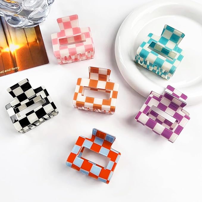 Small Checkered Multicolored Rectangle Y2K Hair Claw Clips - 6 Pcs Strong Hold Hair Accessories for Thin & Thick Hair