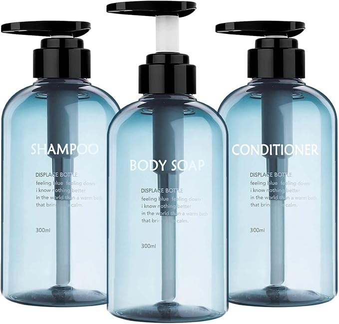 Refillable Shampoo and Conditioner Bottles, 10oz/300ml Shampoo Conditioner Body Wash Dispenser for Hotel Bathroom, 3pcs Plastic Shampoo Bottles with Pump (Bluer)