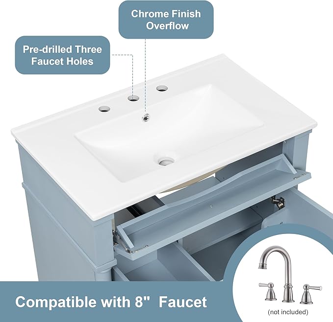 Harper & Bright Designs 30" Bathroom Vanity with Sink, Free Standing Bathroom Vanity Set with Flip Drawer, 2 Drawers, and Adjustable Shelf, Storage Cabinet with Ceramic Basin for Bathroom, Blue Grey