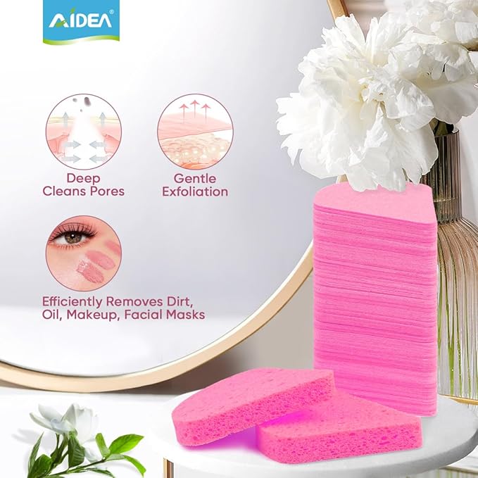 AIDEA 48Count Compressed Facial Sponges Pink, Disposable Face Sponges, 100% Natural Cellulose Cosmetic Spa Sponges for Facial Cleansing, Exfoliating, Makeup Remover Pads, Travel Essentials