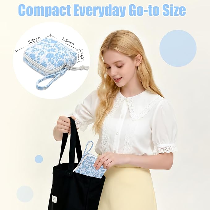 Small Makeup Bag | Discreet Period Bag Pad Pouch for Purse| Sanitary Napkin Storage & Tampon Holder for Travel (Flower blue)