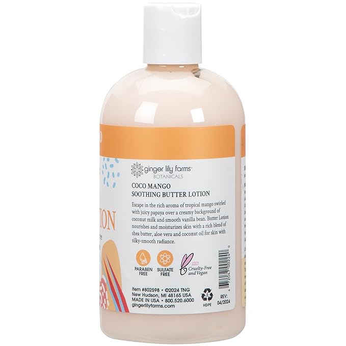 Ginger Lily Farms Botanicals Soothing Butter Lotion for Dry Skin, Coco Mango, 100% Vegan & Cruelty-Free, Coconut Mango Scent, 12 Fl Oz