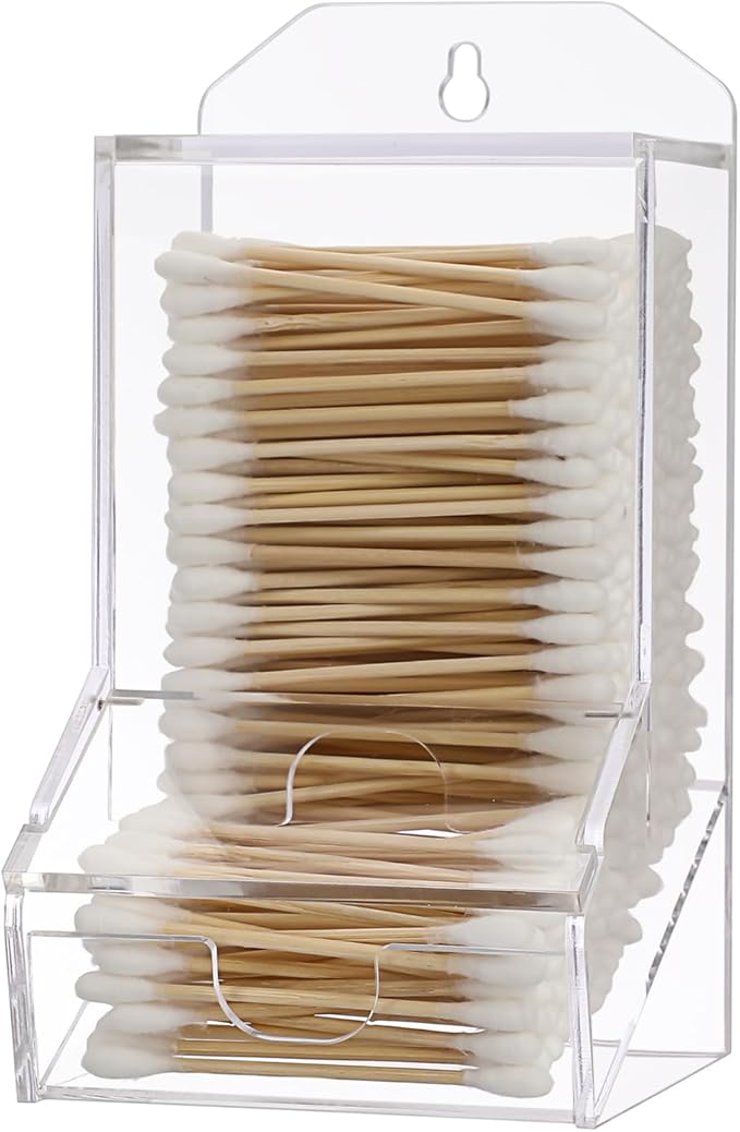 Hipiwe Clear Qtip Dispenser Wall Mount Acrylic Q Tip Holder Bathroom Cotton Ball Organizer Box with Lid Vanity Storage Canister Box for Cotton Swabs Dental Floss, 4"x 3.5"x 6.7"