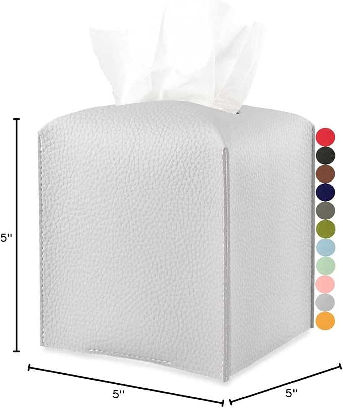 Tissues Cube Box Cover Leather – with Bottom Belt [JESMINI, Light Gray] Decorative Tissue Box Cover for Bathroom Vanity Countertop/Night Stands/Office Desk