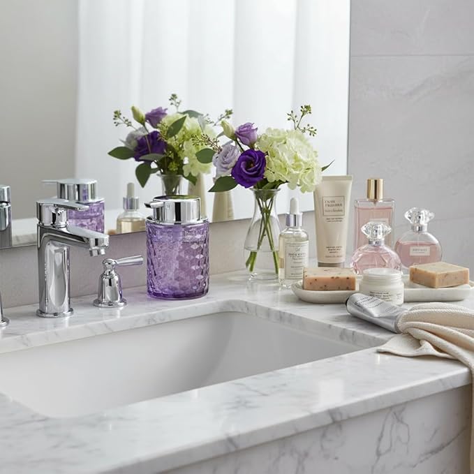 10 Oz Glass Hand Soap Dispenser with Pump, Refillable Bathroom Gold Foaming Soap Dispenser, Vintage Glass Diamond Lotion Container Bottle for Bathroom and Kitchen (1, Purple and Silver)