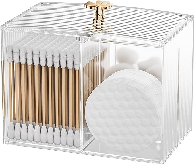 Q Tip Holder for Bathroom with 3 Compartments, Cute Clear Plastic Bathroom Container Jars Canister Dispenser with Lid for Cotton Swab, Ball, Pad, Round, Floss, Bathroom Organizer and Storage