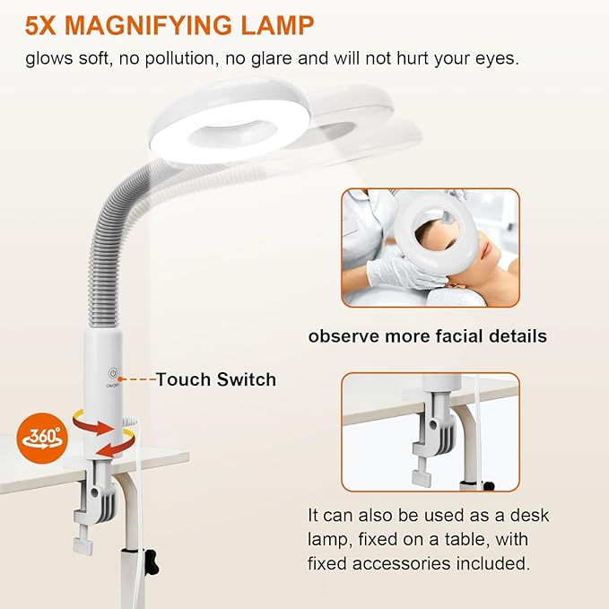 Professional Facial Steamer with 5X Magnifying Lamp, 2 in 1 Facial Steamer Upgrade PTC Heating, Esthetician Steamer Black Face Steamer for Salon Spa Beauty Skin Care (White)