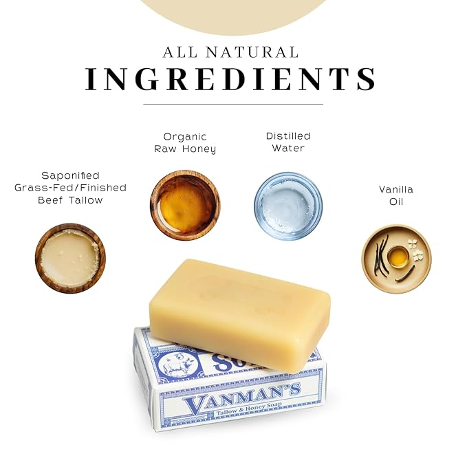 VanMan Beef Tallow and Honey Bar Soap – Pure Grass-Fed Beef Tallow for Skin with Organic Madagascar Vanilla Beans, Raw Honey & Distilled Water, Hydrating & Nourishing, Vanilla Scent, 3.8oz - 10 Pack