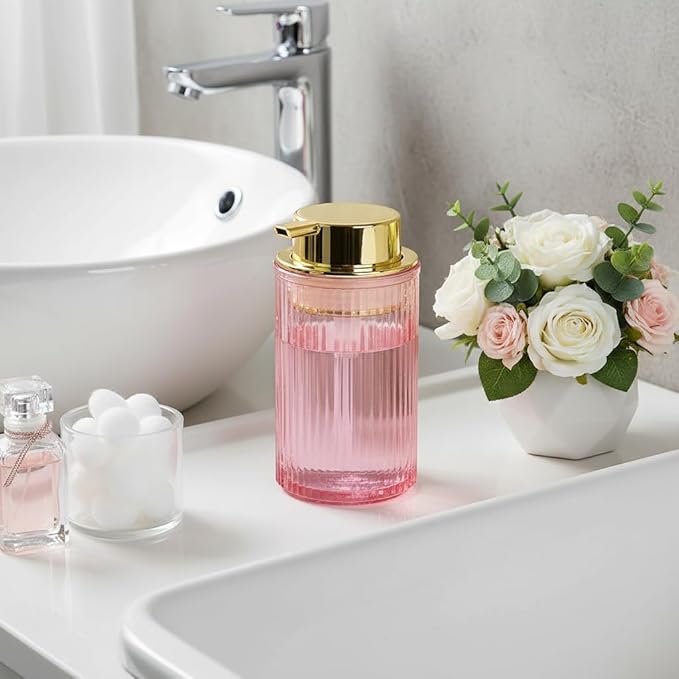 Foaming Soap Dispenser, 12 Oz Pink Glass Foam Hand Soap Dispenser, Refillable Glass Foam Pump Bottle Container Decorative Slim Ribbed Bottle for Bathroom and Kitchen