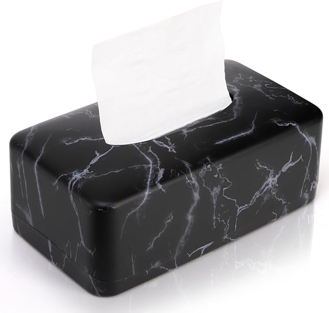 Tissue Box Holder, Rectangular Napkin Dispenser Box Cover, Black Faux Marble Facial Dryer Sheet Towel Organizer Case for Bathroom, Bedroom, Restaurant, Cars