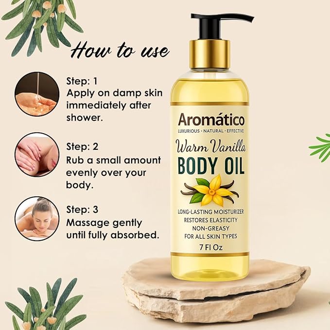 Warm Vanilla Body Oil for Women - 7 fl oz | Moisturizing After Shower Body Oil for Daily Use | Cozy, Creamy Vanilla Scent