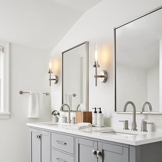 WILON Bathroom Wall Sconces Set of 2, Brushed Nickel Vanity Lights for Bathroom, Indoor Wall Light Fixtures with Clear Glass Shades, Wall Lamp for Mirror Bedroom Living Room Bedside Hallway