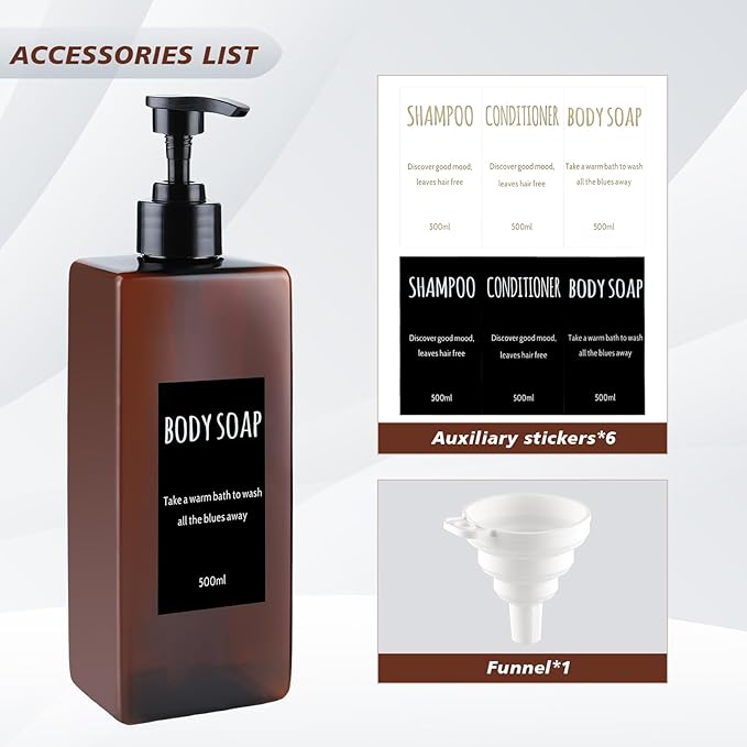 Shampoo and Conditioner Dispenser (Set of 2, 16.9oz) Modern Refillable Shampoo Pump Bottles for Shower Soap - Empty Body Wash Dispenser Set for Bathroom (Amber)