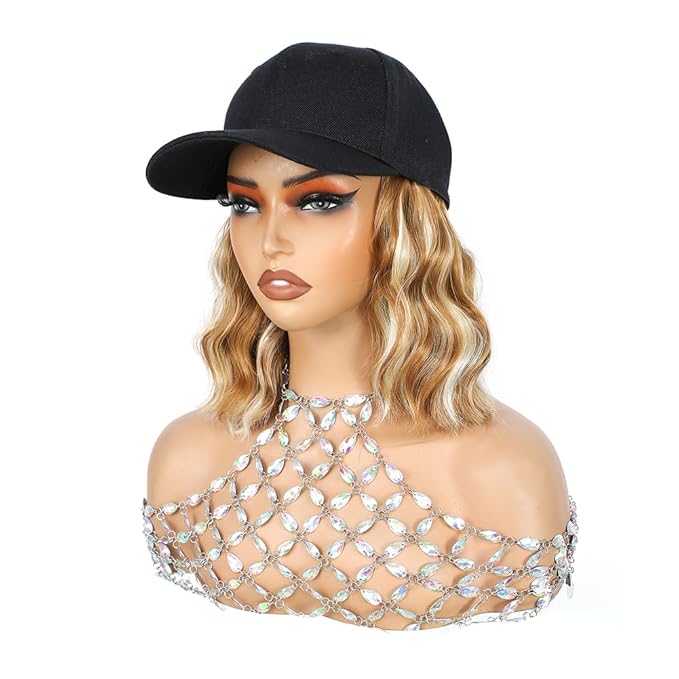 GUOJIAN Hat Wigs for Women 6' Short Wave Baseball Cap Wigs with Curly Hair Extensions Synthetic Wave Wig Adjustable Hat with Hair Attached for Daily Use (B27/613, 6inch)