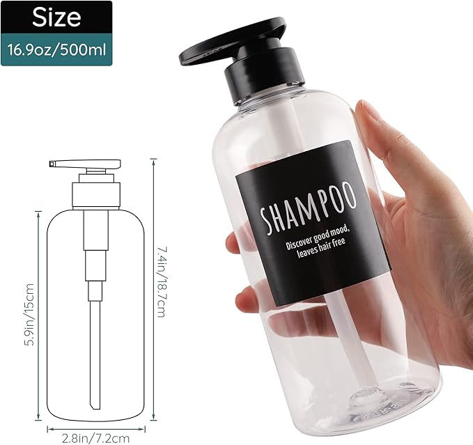 Shampoo and Conditioner Bottles, Segbeauty 2 Pack 16.9oz Refillable Shampoo Bottles, 500ml Labeled Clear Shower Bottles Refillable, Large Empty Plastic Bathroom Soap Lotion Shampoo Dispenser with Pump