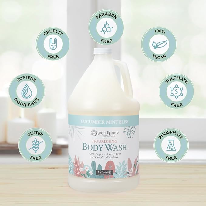 Ginger Lily Farms Botanicals Nourishing Body Wash, 100% Vegan & Cruelty-Free, Cucumber Mint Bliss Scent, 1 Gallon (Pack of 4)