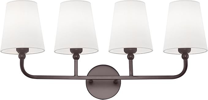 Bathroom Light Fixtures, 4 Light Oil Rubbed Bronze Vanity Lights with Flared White Fabric Shade, 28 Inch Wall Sconce, Vintage Sconces Wall Lighting for Hallway Bedroom, VL837-ORB-4