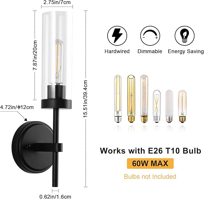 WILON Black Wall Sconces Set of 2, Bathroom Sconces Vanity Light Fixtures with Clear Glass Shades, Indoor Rustic Farmhouse Wall Lamps for Bedroom Living Room Bathroom Bedside Hallway Mirror