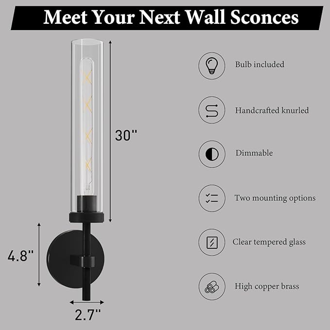 Brass Knurled Tube Wall Sconce - Set of 2 Luxury Modern Glass Sconces with Bulbs - Vertical Mounted Light Fixture - Black Dimmable Indoor Lighting for Vanity Bathroom Bedroom Living Room Hallway