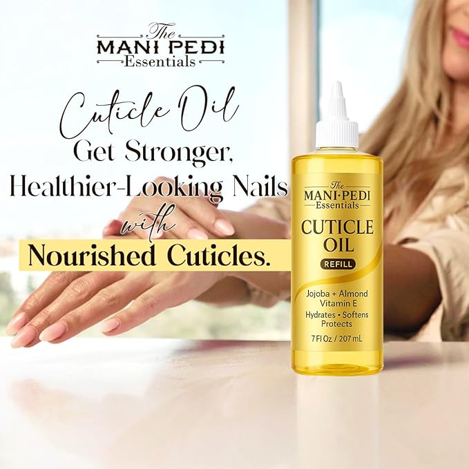 Professional Cuticle Oil Refill/Bulk Pack with precision nozzle for easy refilling - 7 Fl Oz. Enriched with Jojoba Oil, Vitamin E & Sweet Almond Oil. Nail Tech Supplies for Nourished Nails & Cuticles
