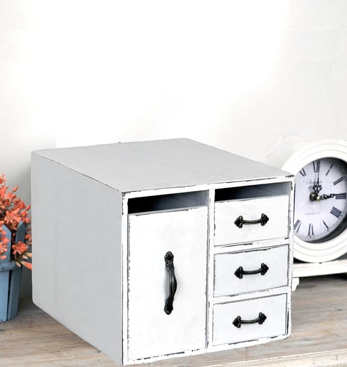 Rustic Distressed Beauty Organizer 4 Drawers - Wooden Cosmetic Storage Box for Neat & Home Office Desk &Organize &Storing of Makeup holder Tools,Bathroom Counter-top (Rustic White, L)