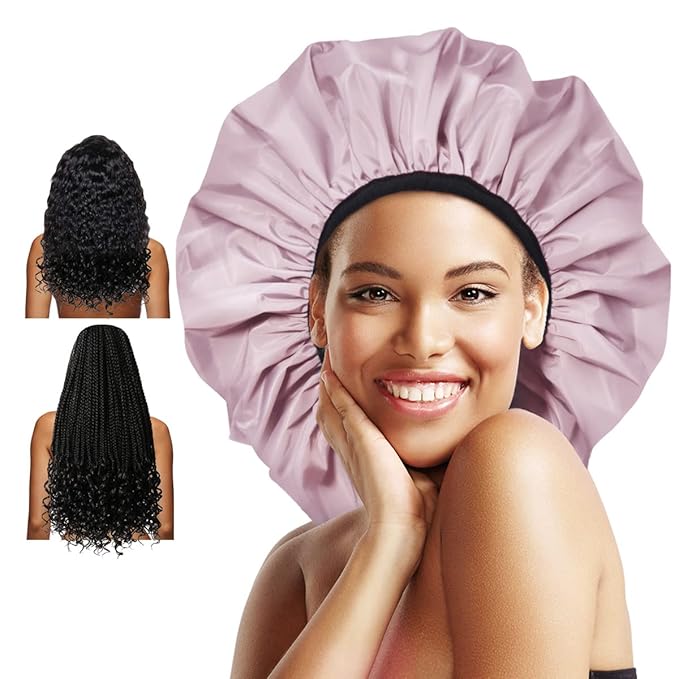 Auban Extra Large Shower Cap, Double-Layer Waterproof Reusable, XL Satin Lining Shower Bonnet for Women Thick, Long Hair, Locs, Braids(Pink)