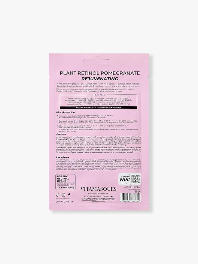 Vitamasques Retinol Pomegranate Face Sheet Mask 7 Pack - Korean Skin Care Facial Mask Rejuvenate & Hydrating Skin Care - Natural & Biodegradable