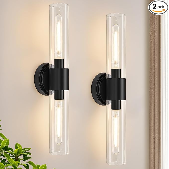 Wall Sconces Set of Two,Matte Black Bathroom Sconces with Clear Glass, Hardwired Sconces Wall Decor Set of 2, Modern Wall Vanity Light Fixtures for Bathroom Mirror Bedroom Living Room Hallway
