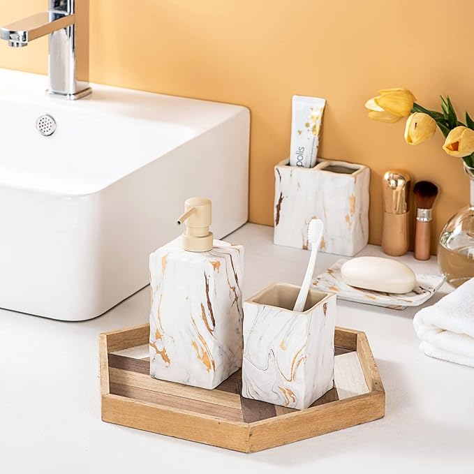 Bathroom Accessories Set 4 Pcs Marble Look Sets Toothbrush Holder Soap Dispenser Counter Top Ceramic Bathroom Decor Set Gold